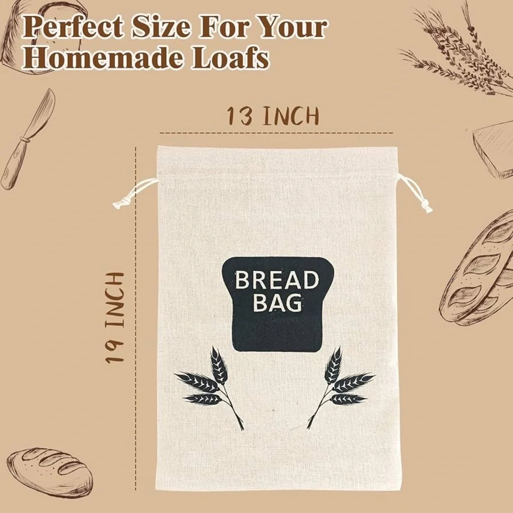 Cream Bread Storage Linen Bags Black Print Homemade‎ Loaf